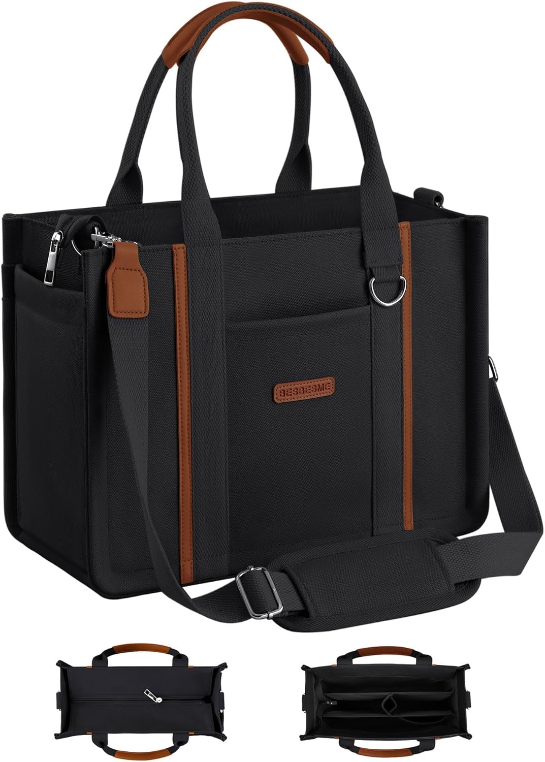 BESBESME Women’s Canvas Tote Bag with Zipper and Compartments – Multi-Pocket Laptop Work Crossbody Shoulder Tote Purse