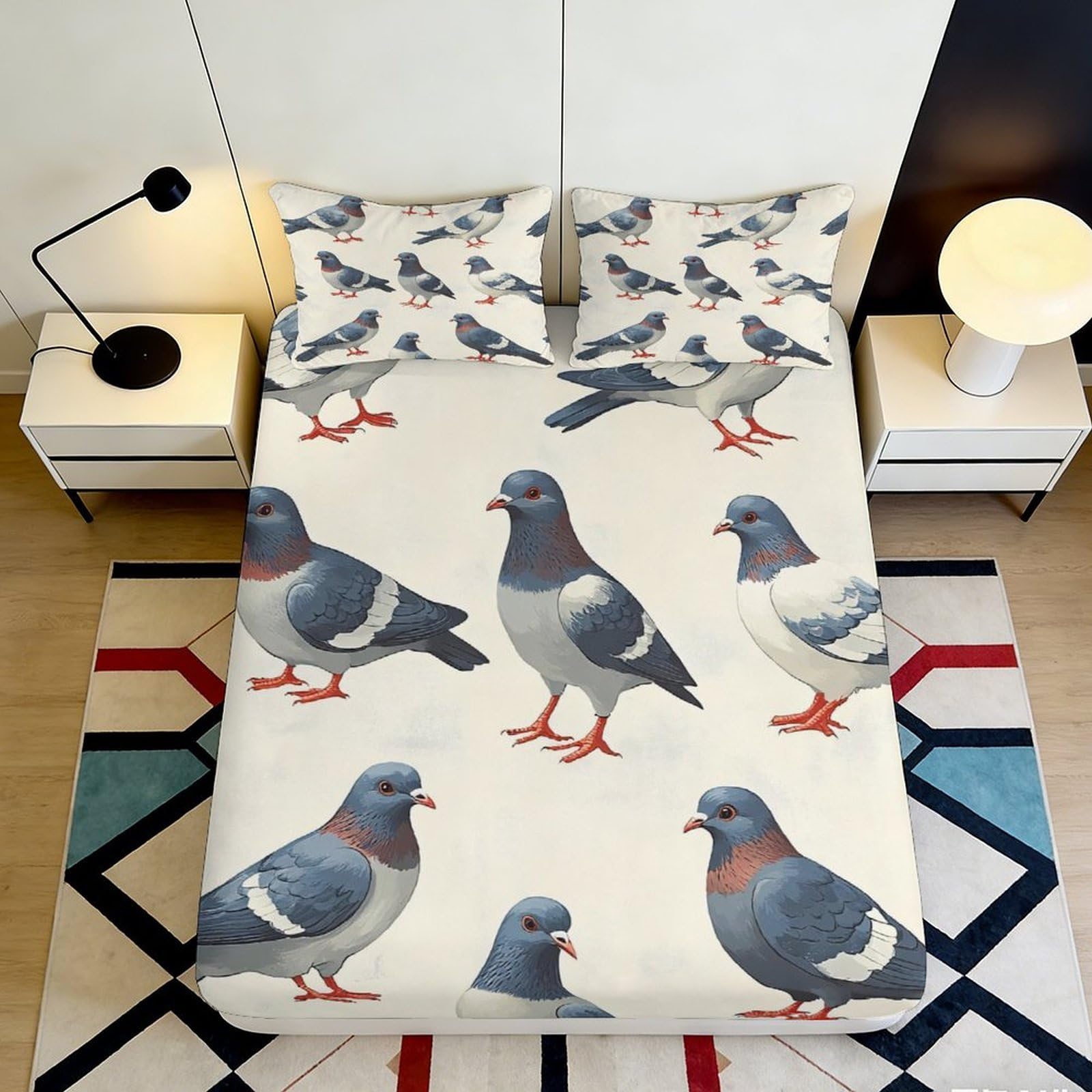 Uynsixtme Style-5 3D Printed Pigeon Design Fitted Sheet Microfiber Deep Pocket Non-Slip Bedroom Bedding Pigeon Mattress Fitted Cover 200X200x25cm
