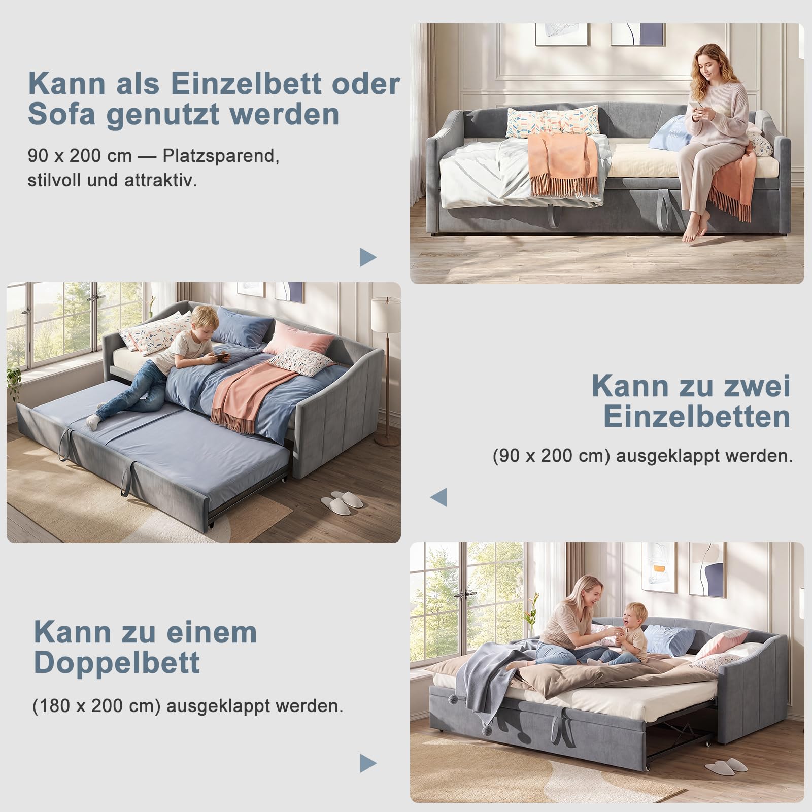 Ausziehbares Tagesbett 90/180x200 cm, Polsterbett Schlafsofa mit ausziehbarem Rollbett & Lattenrost,Schlafcouch Ausziehbar zum Doppelbett, Samt, Beige, Ohne Matratze (Grau-1)