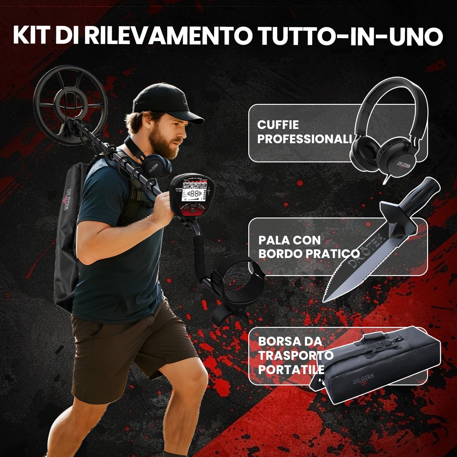 DR.ÖTEK Metal Detector per Adulti Professionali, Leggero Rilevatore, Modalità Pinpoint e di Memoria Esclusiva, Maggiore Precisione, Bobina Impermeabile IP68 (Metal Detector Kit MTXR Rosso)