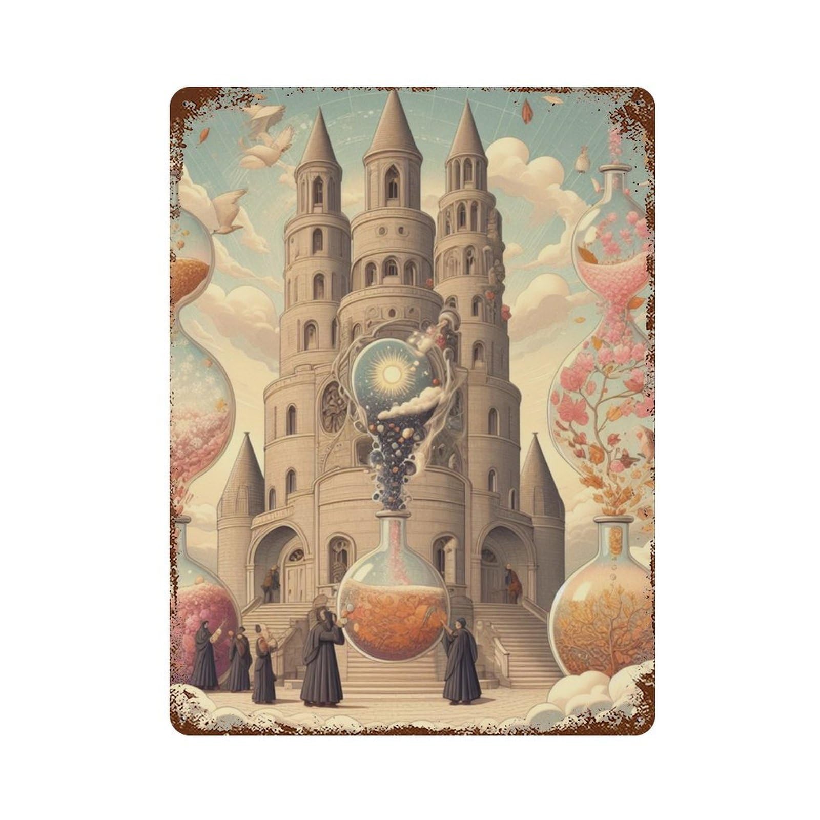 Garage Style Magical Castle with Hourglasses Weathered Tin Sign 15.7"x11.8", Shabby Chic Decor for Bar And Workshop