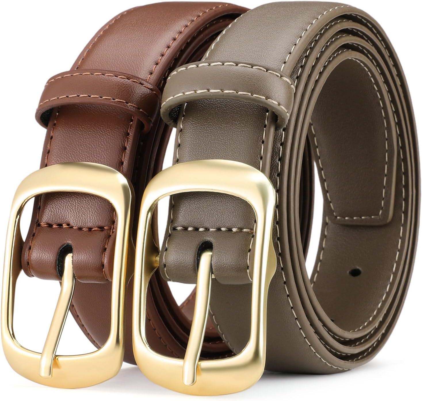 2 Pack Women's Leather Belt for Casual Jeans Pants Ladies Waist Belt with Pin Buckle