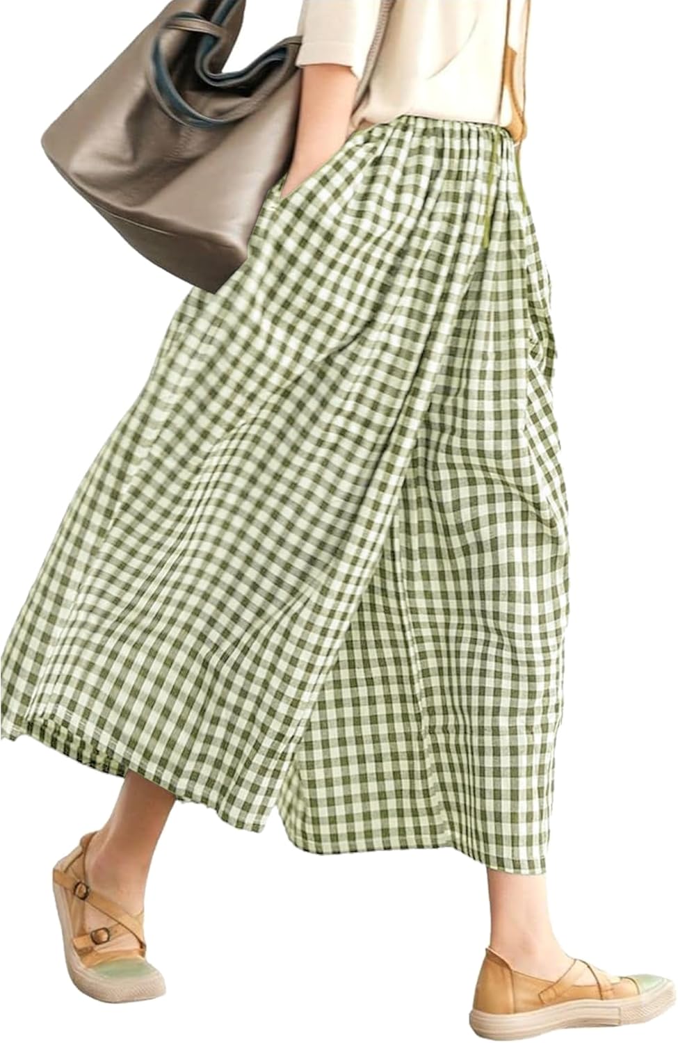 LOMON Womens Wide Leg Capri Pants Cotton Gingham Plaid Culottes Summer Elastic Waist Palazzo Trousers Bottoms with Pockets