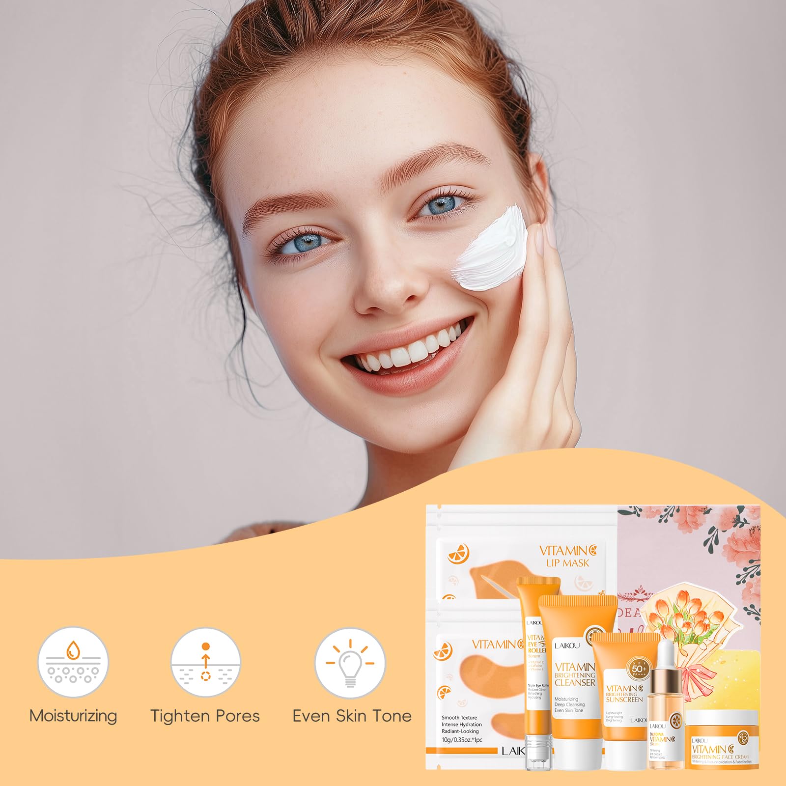 LAIKOU 11Pcs Vitamine C Kit Soin Visage Femme Voyage | Routine Beauté Visage avec Lait Nettoyant Crème Yeux Essence Masque Lèvres Masque Yeux Solaire, pour Adolescentes et Femmes