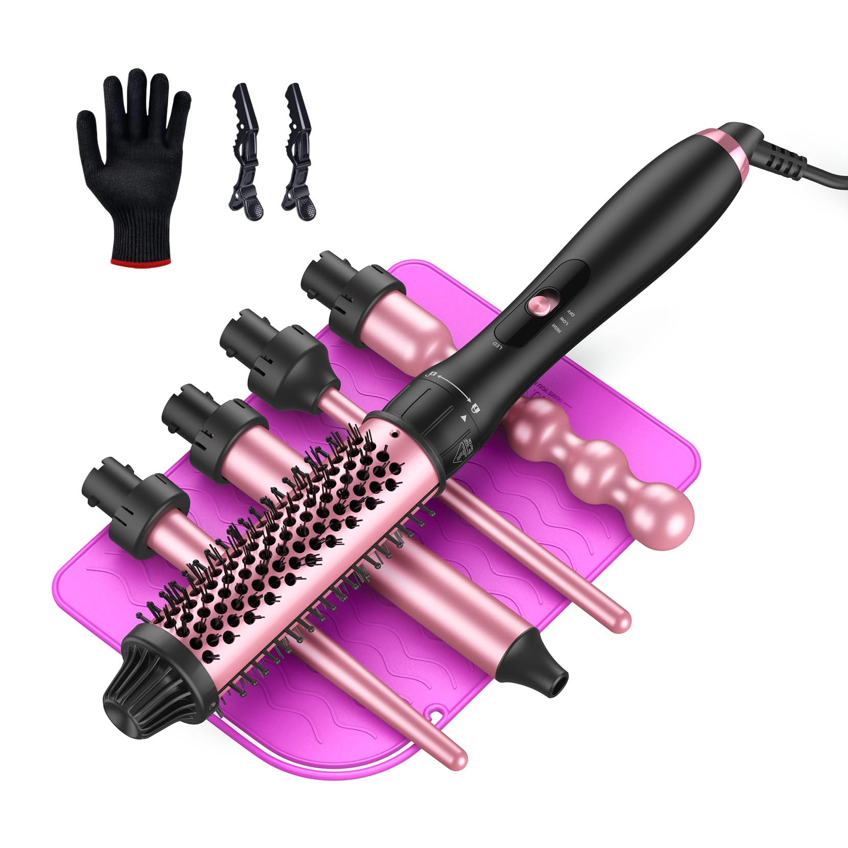 LANDOT Lockenstab mit Thermobürste 5-in-1 Set: Für Volumen & definierte Locken, 38mm Bürstenkopf & 4 Lockenwickler(9-32mm), Leicht zu verwenden, Ideal für Anfänger & tägliches Styling