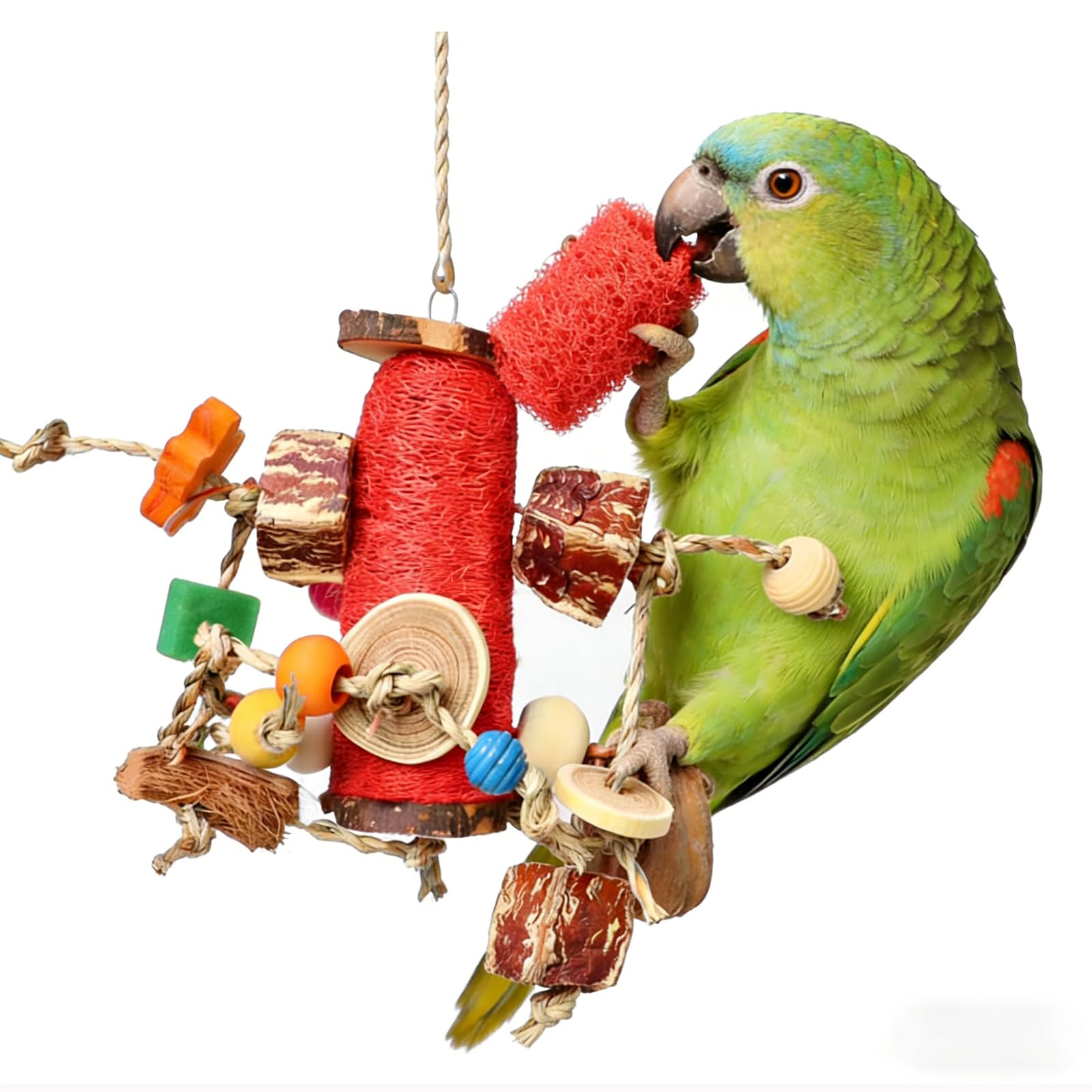 Natural Loofah Parrot Chew Toy - Hanging Bird Shredding Foraging Toy with Colorful Rope, Wood Blocks & Beads for Macaws, Cockatoos, African Grey, Conures - Bird Cage Chewing Entertainment Toy.