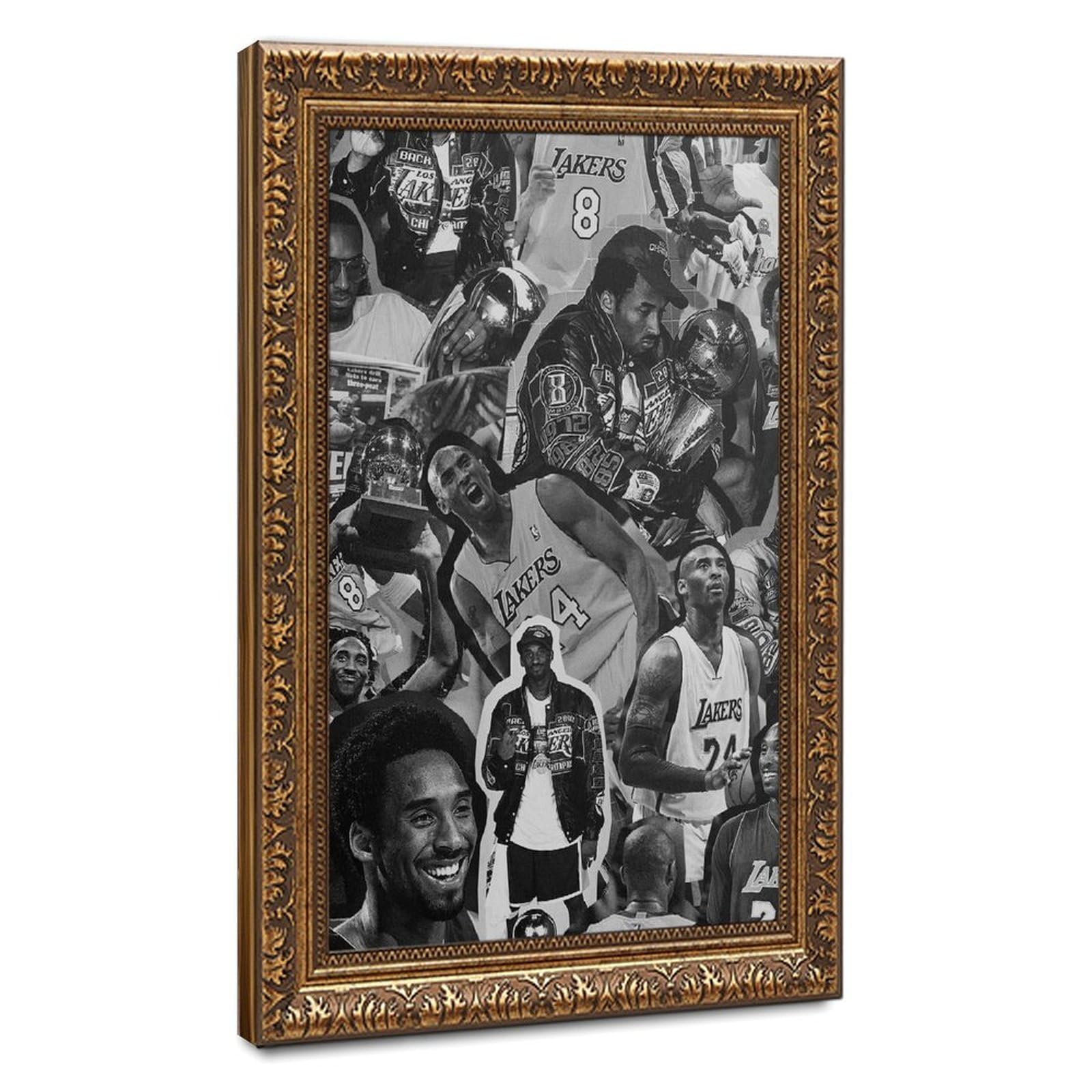 Mnyuein Black And White Kobe Bryant Canvas Poster Bedroom Decor Sports Landscape Office Room Decor Gift Retro Gold Frame 20" L X 30" W