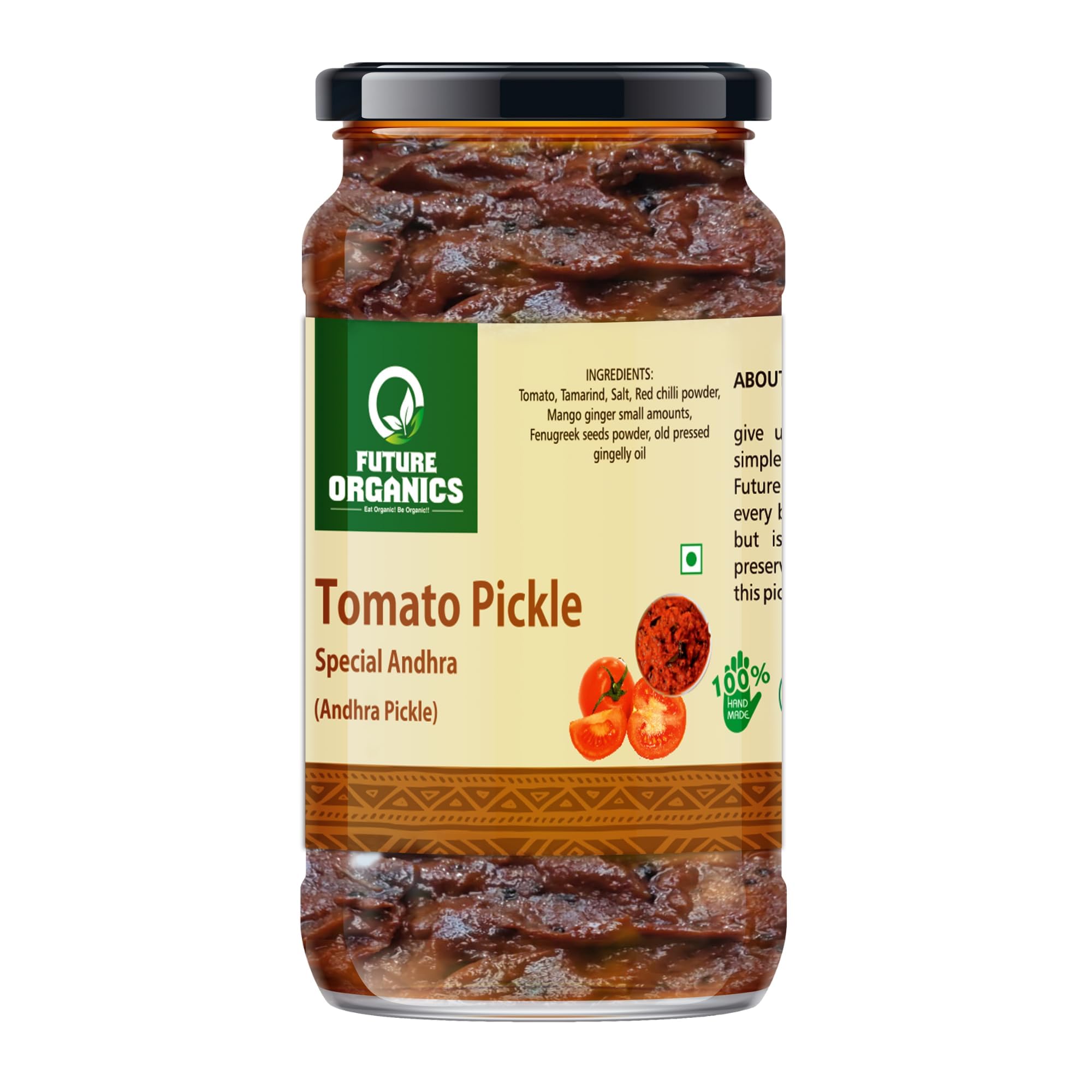 Future Organics Andhra Tomato Pickle 220 gm | Authentic Tamatar Achar | South Indian Homemade Pickle with Tomato Pieces, Tamarind & Spices | Glass Jar