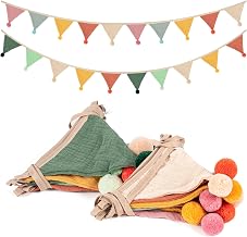 Bunting Garland for Children's Room, Cotton Muslin, Decorative Bunting, Home Bed Decoration for Girls and Boys (Candy Green + Beige)