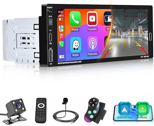 Hikity Estéreo de coche de 6.9 pulgadas de un solo DIN con Carplay inalámbrico Android Auto 1DIN pantalla táctil Radio de coche con Bluetooth 5.0