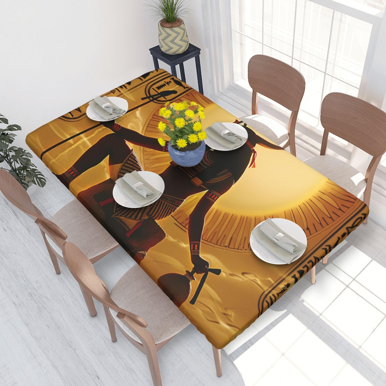 DCARSETCV Sun Old Egyptian Timeless Grace Printed 4FT Waterproof Tablecloth with Elastic Edged Protect & Decor Your Table, Oil-proof Washable Table Cloth Cover for Dinner Picnic Party