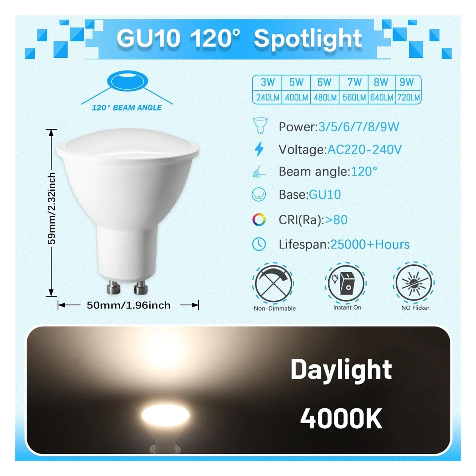 Revive Furniture – ampoule LED GU10, 12 pièces, projecteur, lumière sans scintillement, 3W 5W 6W 7W 8W 9W, lumière du jour 3000K-6000K(120degree 4000k,7 Watts)