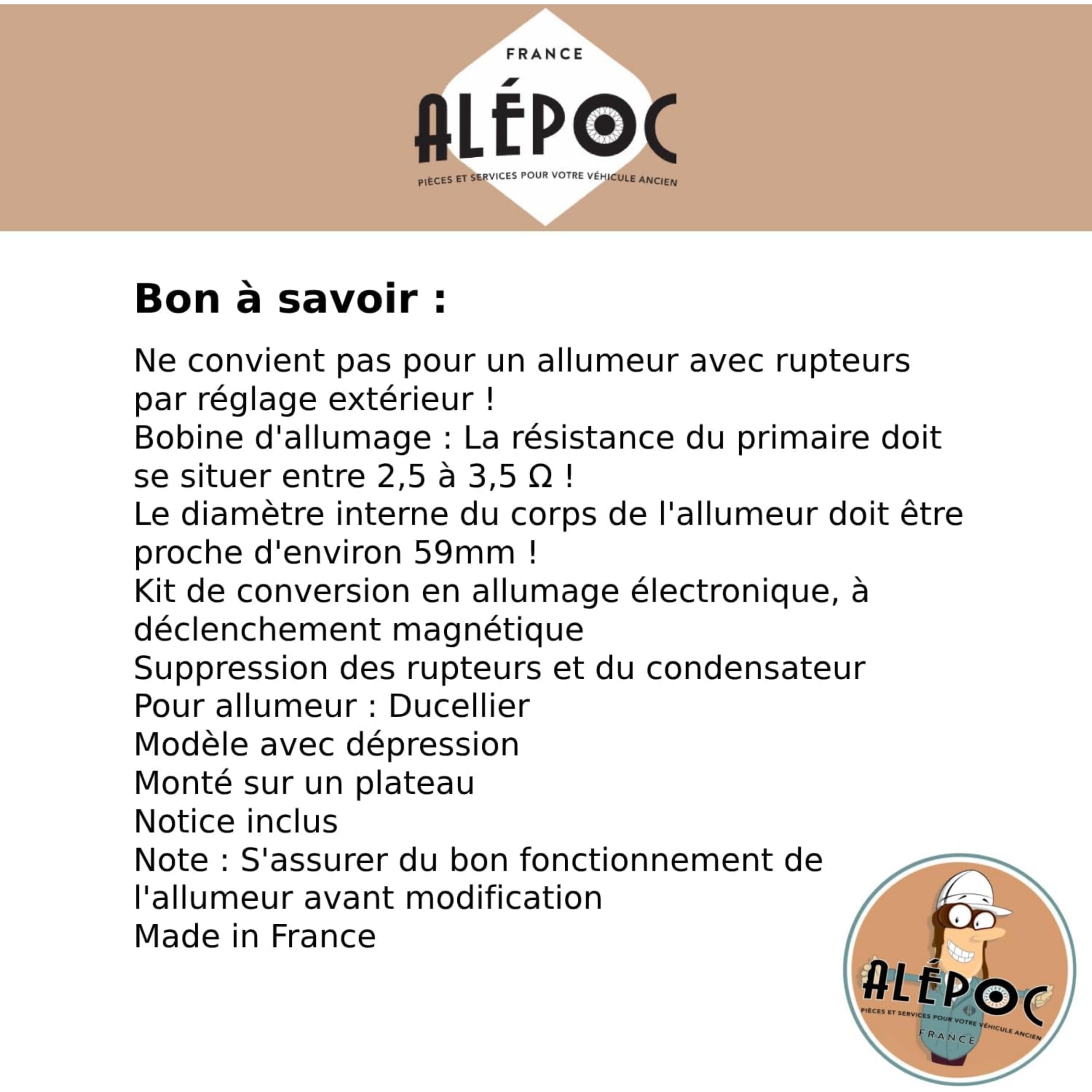 Alépoc - Kit électronique de transformation Allumeur DUCELLIER avec dépression, kit conversion allumage électronique avec dépression, Kit de Transformation Allumeur Renault, Peugeot, Simca, Alpine
