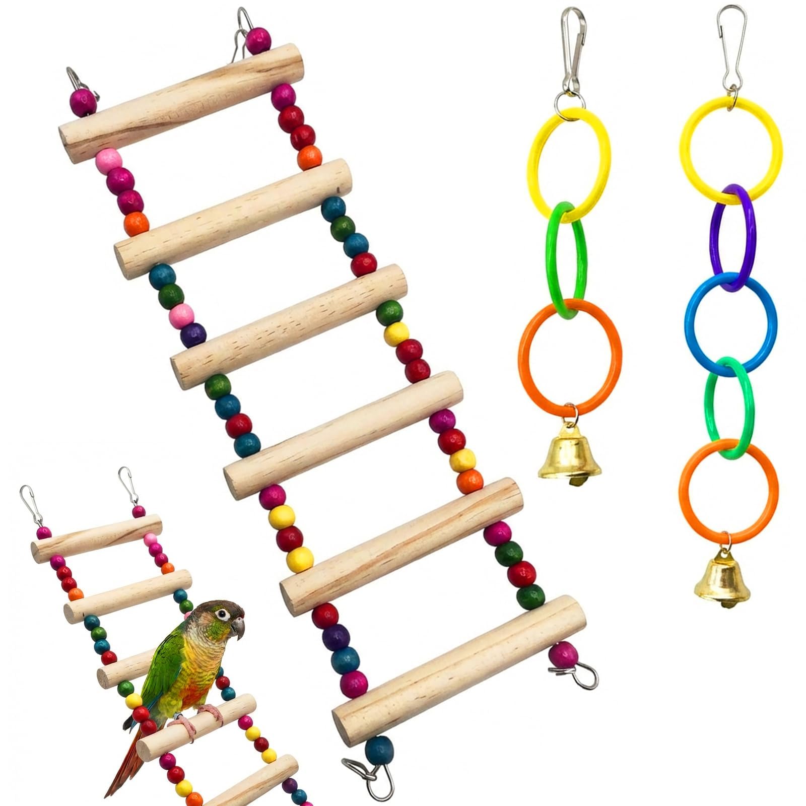 Bird Toys, Parrot Toys for Caged Birds, Interactive Bird Toy with 6-Rung Ladder and Colourful Rings, Budgie Toys Set of 3.