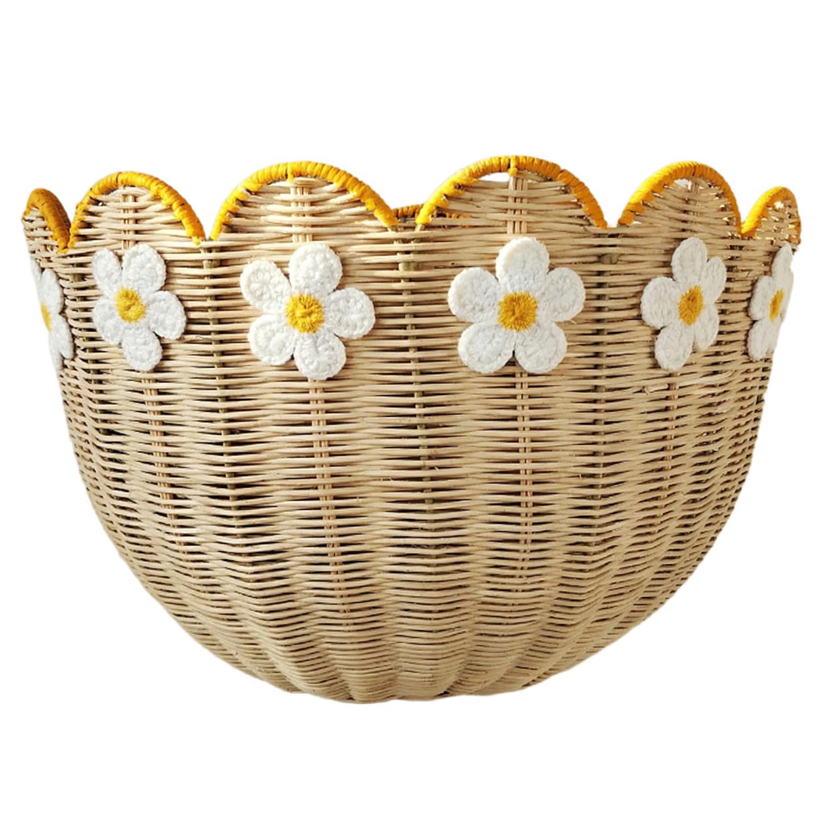 Scalloped Wall Basket Boho Woven Wall Baskets with Daisy Decor Hanging Wicker Basket for Storage, Home Decor, Bathroom