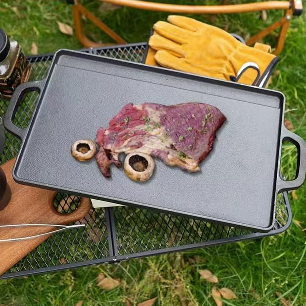 Griglia rettangolare reversibile in ghisa, piastra in ghisa, bifacciale con doppi manici, piastra per barbecue, campeggio, giardino