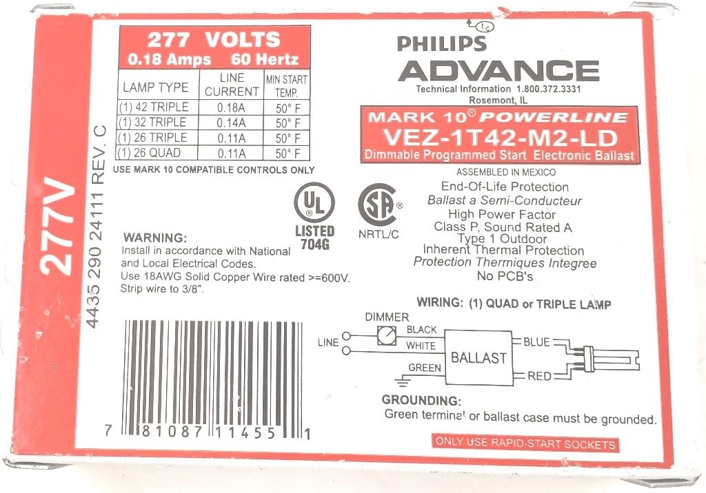 Advance Mark 10 Powerline VEZ-1T42-M2-LD - (1) Lamp Fluorescent Ballast - 26 Watt CFL - 277 Volt - Dimming - 1.0 Ballast Factor