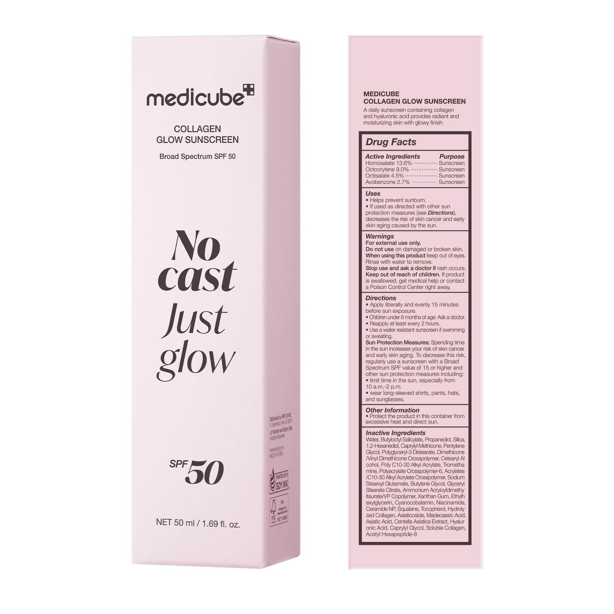 medicube No Cast Just Glow Collagen Sunscreen | SPF 50 Broad Spectrum Face Sunscreen | Lightweight, Non-Sticky, Hydrating Formula | No White Cast or Residue | Peptide, Cica for Soothing & Natural Glow