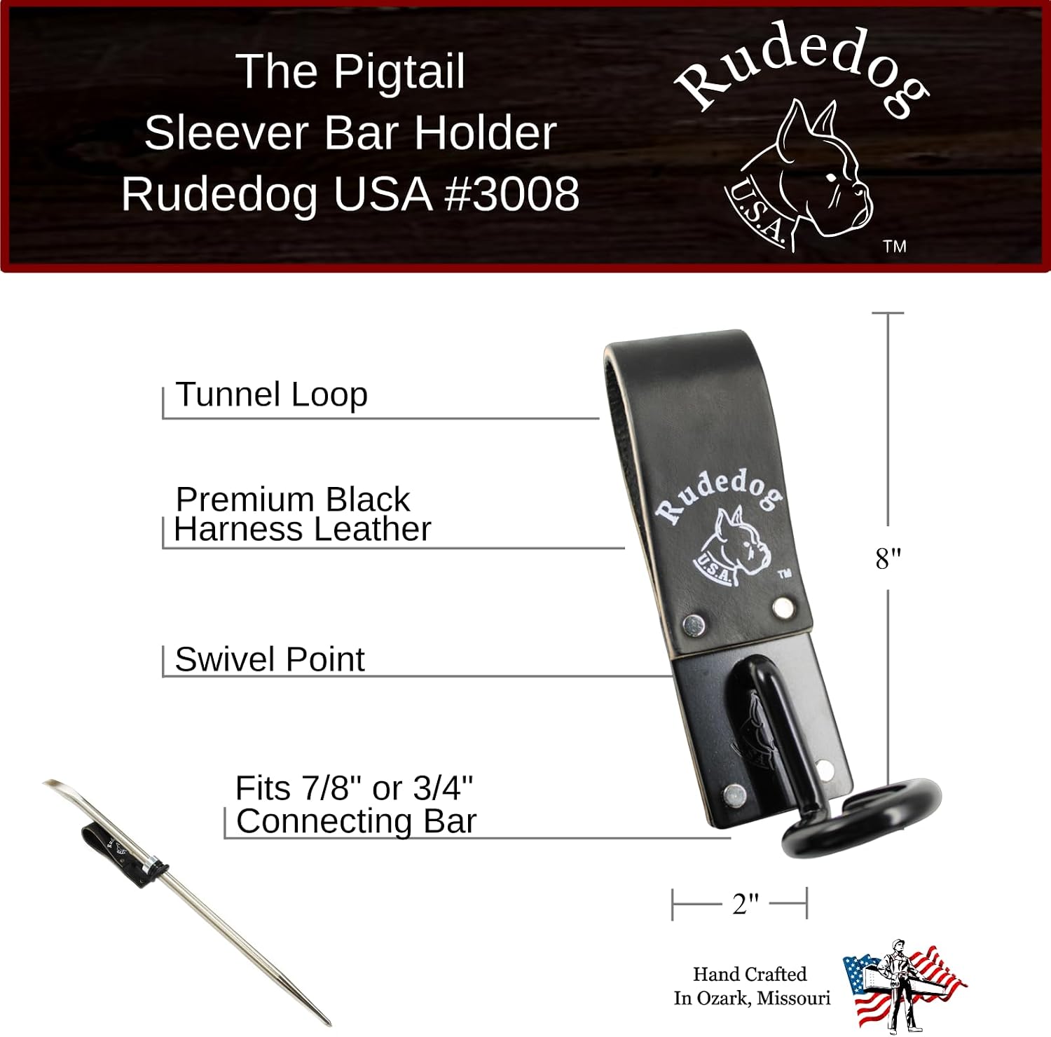 Pigtail Sleever Bar Holder - Premium Black Leather - Rudedog USA #3008