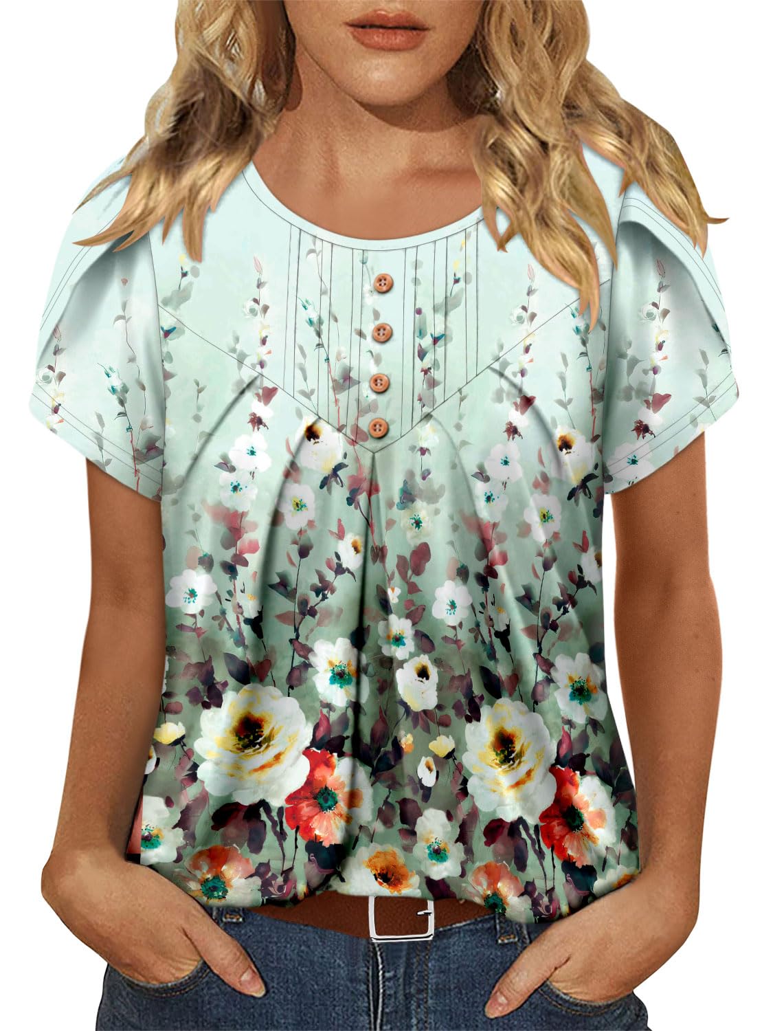 BETTE BOUTIK Womens Crewneck Short Sleeve Summer Tops Pleated Tunic Shirts S-3XL