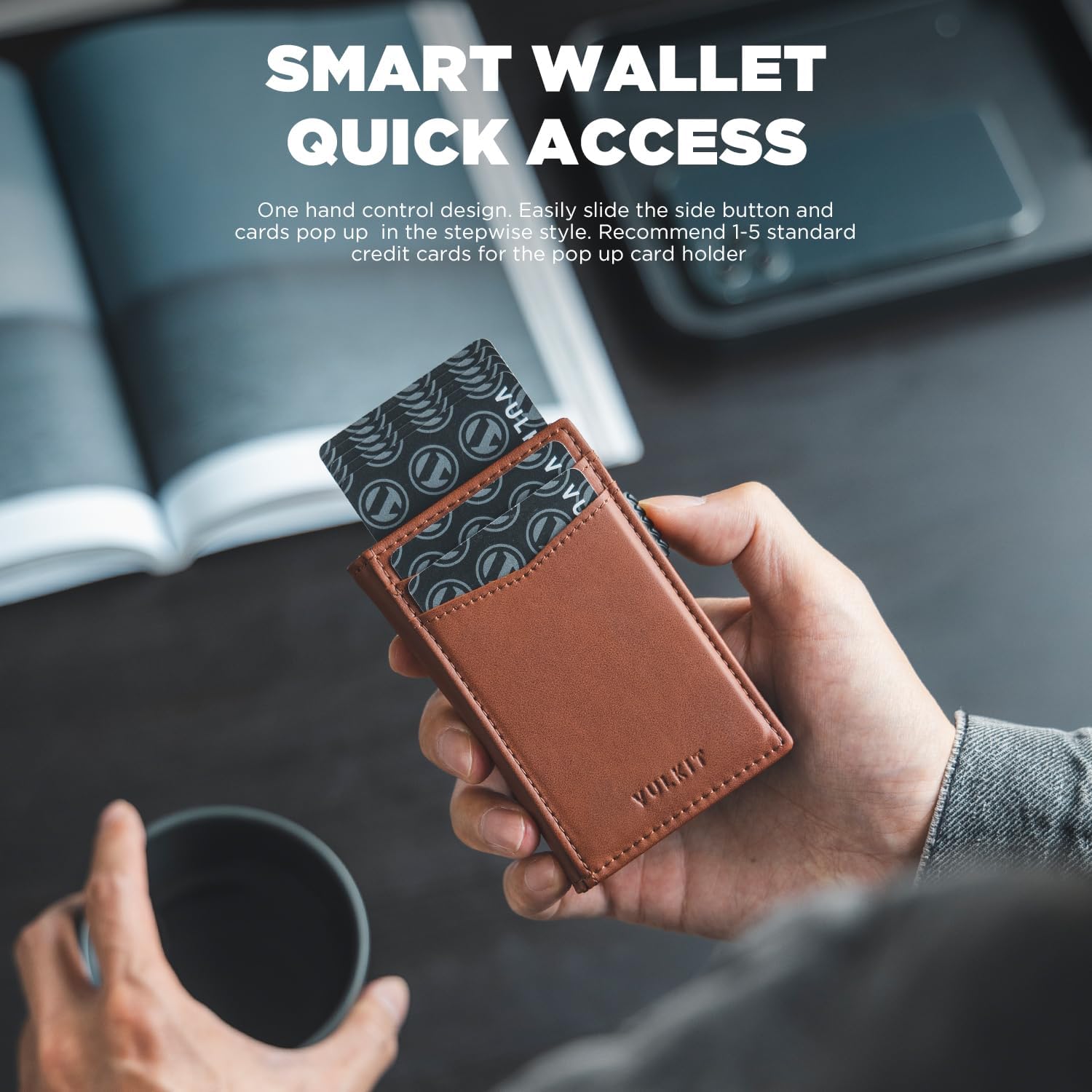 VULKIT Men's Slim Wallets Pop Up Card Holder RFID Blocking Metal Wallet Minimalist Design Holds Up to 11 Cards - Image 2