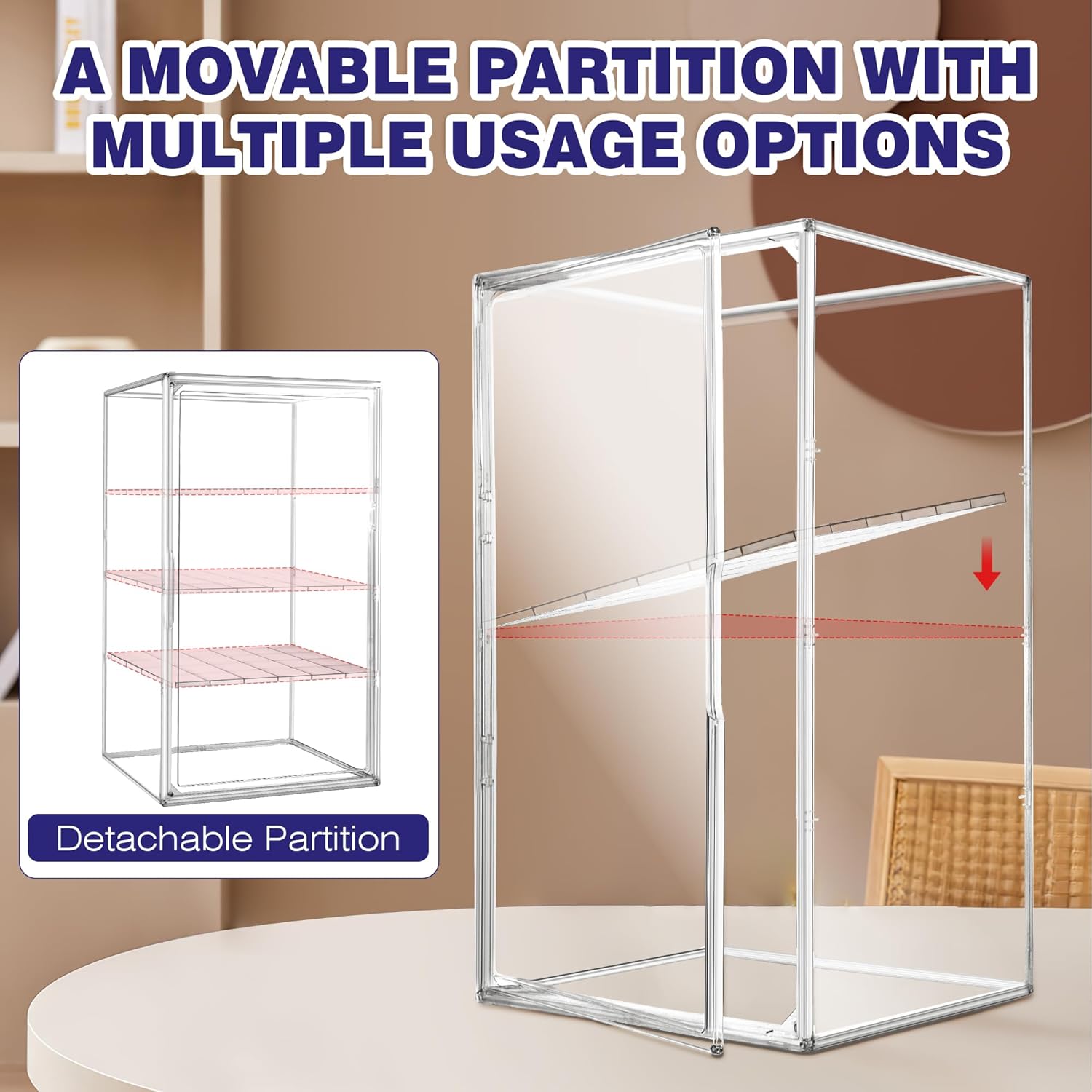 23.6'' Tall Acrylic Display Case 13.8''x12.2''x23.6'' Clear Display Case Adjustable Display Box with a Movable Divider Huge Showcase for Collectible Figure Doll, Dustproof Boot Helmet Storage Box