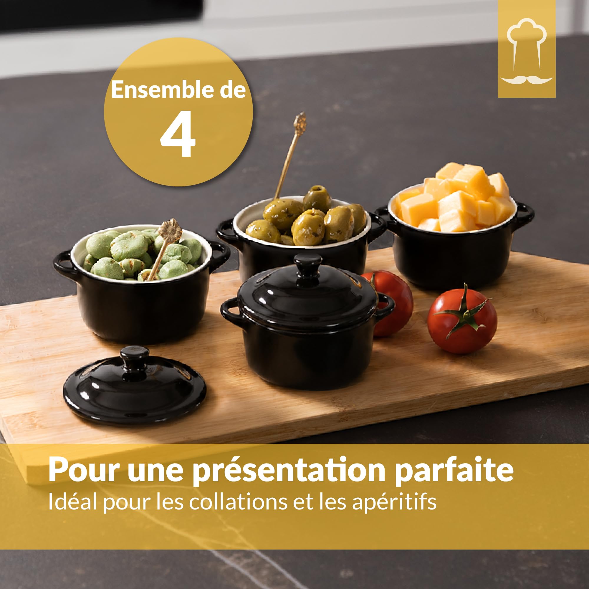 Chefarone 4 Ramequins en Céramique avec Couvercle – Noir – Crème Brûlée