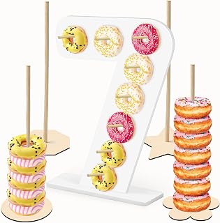5 Pcs Donut Stand Set, Doughnut Party Supplies Include 1 Pc Digit Donut Wall Display Stand, 4 Pcs Doughnut Wall,for Birthday, Wedding, Baby Shower, Party (White number 7)