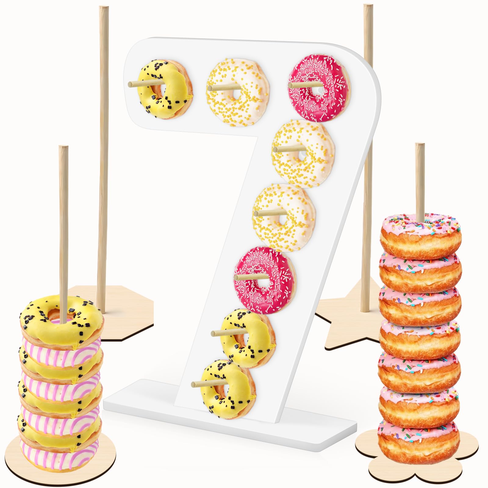 Photo 1 of [JUST THE WOODEN STICKS] soleim 5 Pcs Donut Stand Set, Doughnut Party Supplies Include 1 Pc Digit Donut Wall Display Stand, 4 Pcs Doughnut Wall,for Birthday, Wedding, Baby Shower, Party (White number 7)