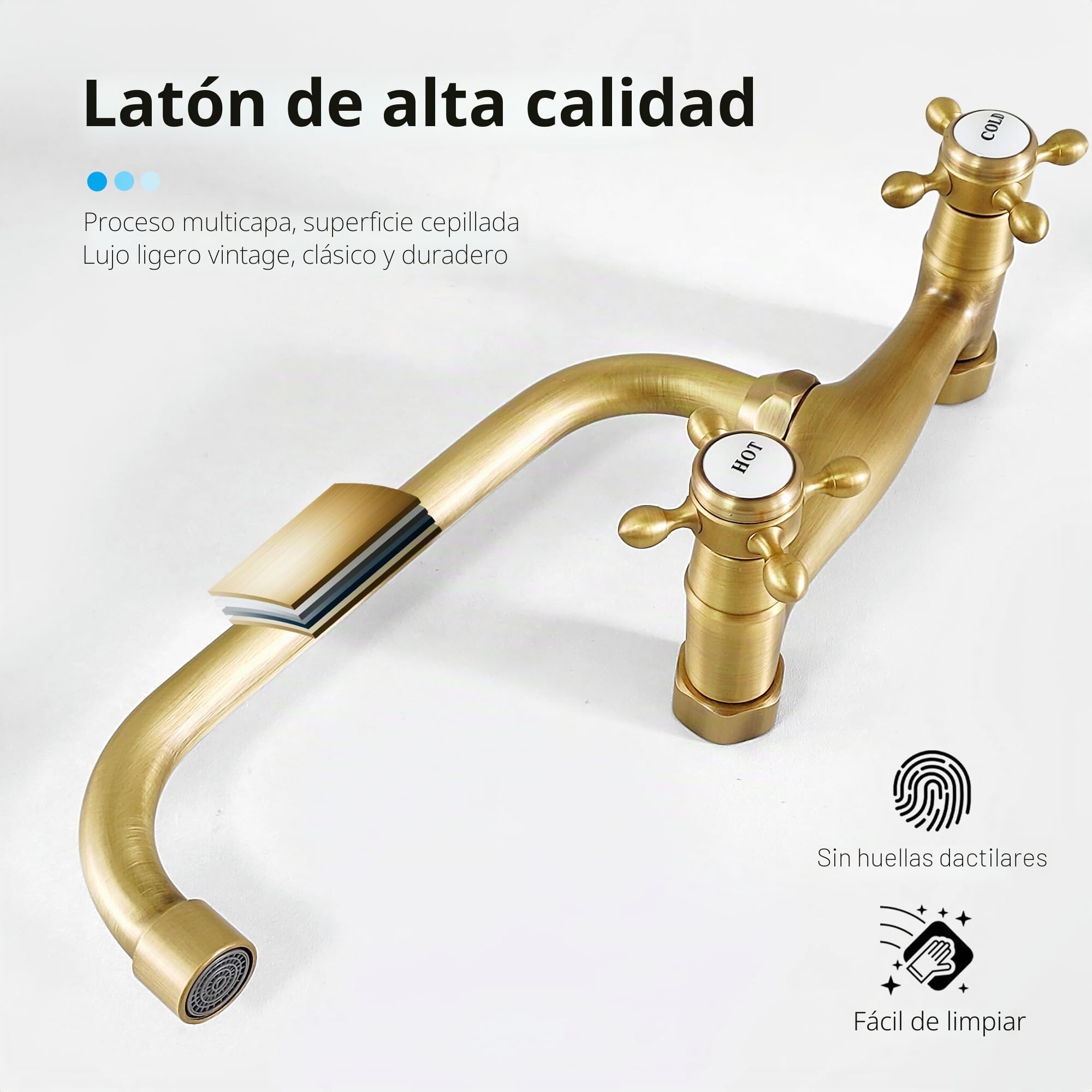 Grifo Cocina Pared Latón Antiguo Dos Manijas con Decoración Cerámica