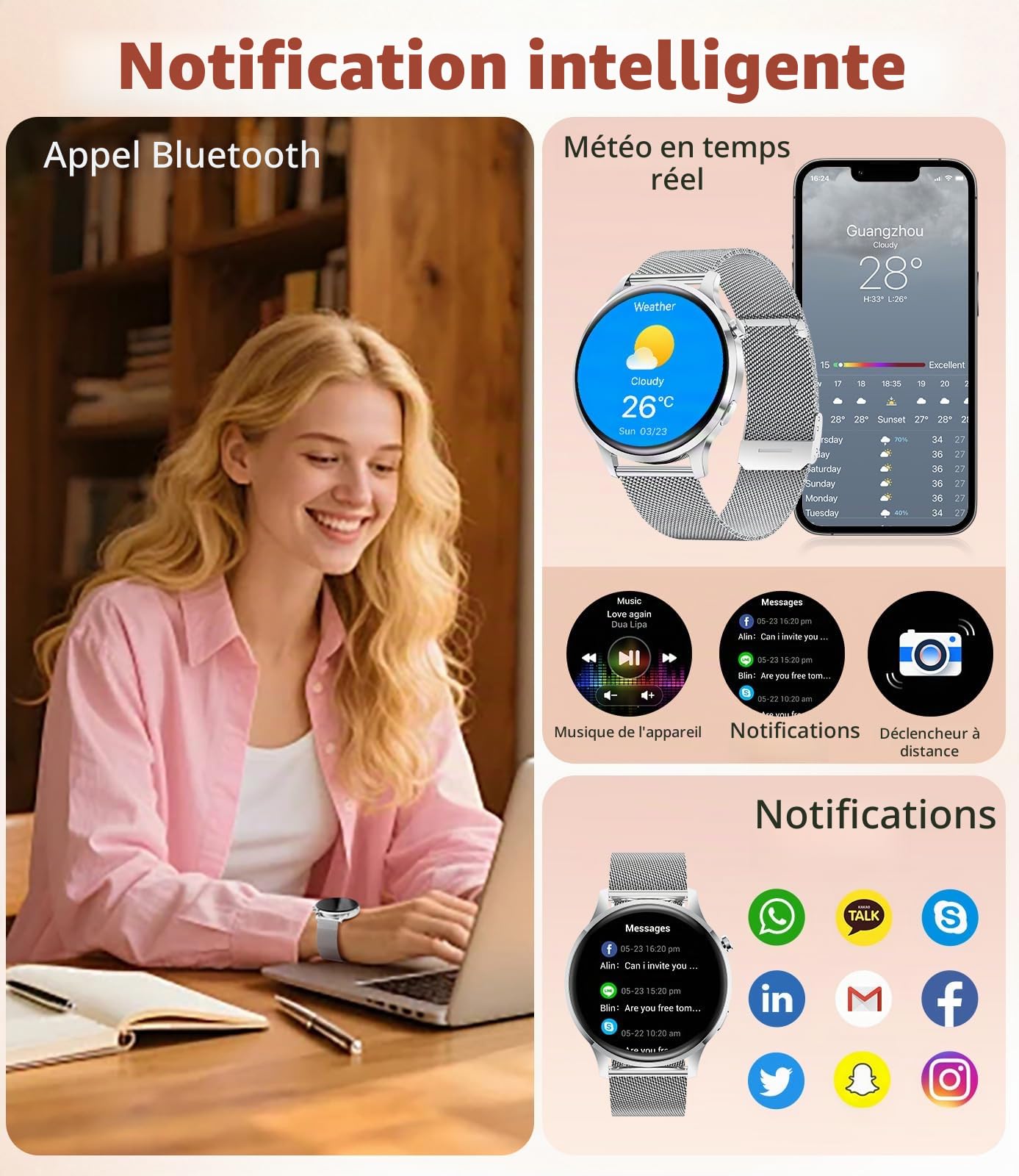 LIGE Montre Connectée Femme Ronde avec Fonction Téléphone 7,9 mm Fine 1,32" AMOLED Élégant Smartwatch pour Android iOS, Fitness Tracker avec Moniteur de Fréquence Cardiaque et de Sommeil,Argent