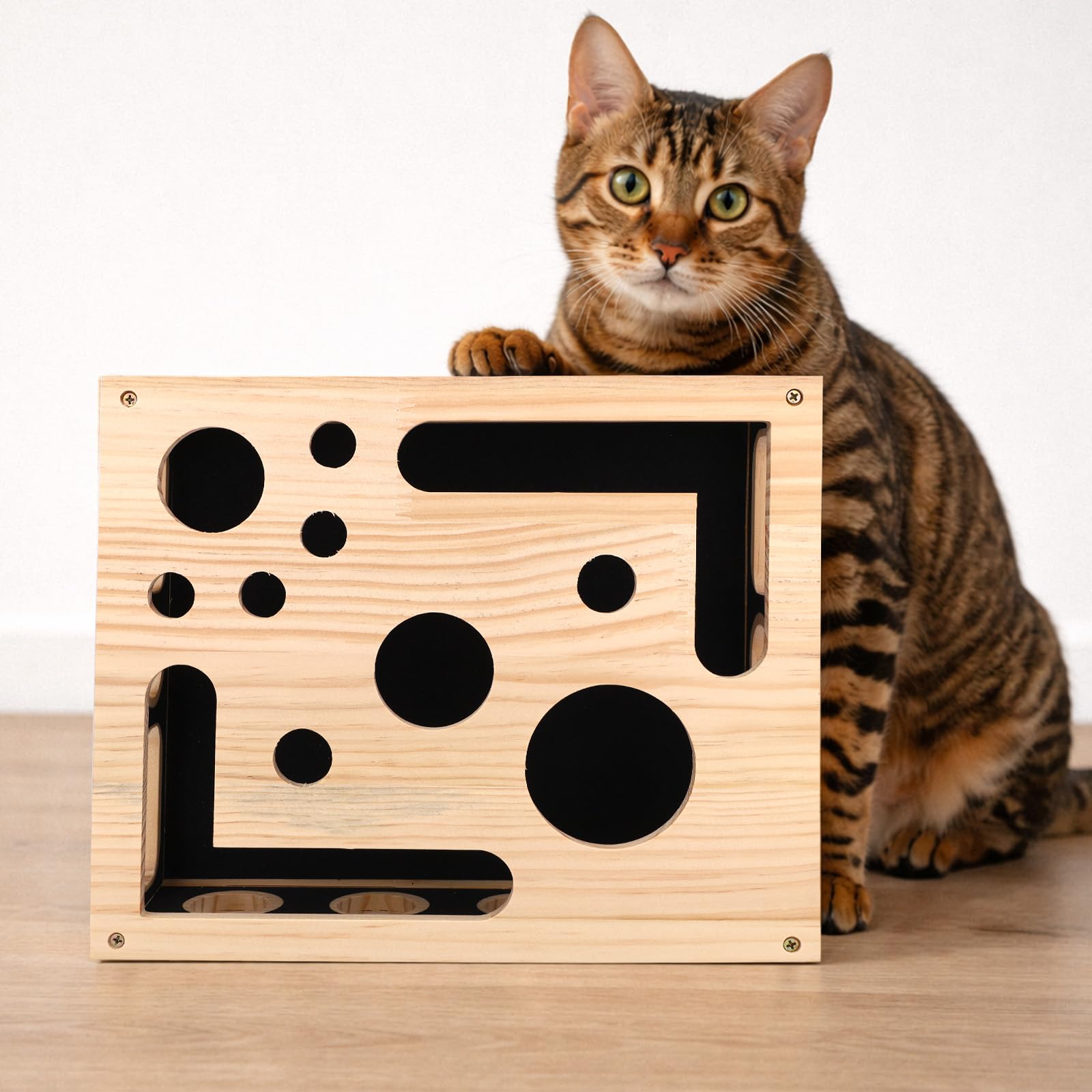 Sinbana Cat Scratch Puzzle Enrichment Box with Sandpaper Inside, Interactive Wooden Cat Nail File Toy & Scratcher Stress Free Nail File for Indoor Cats