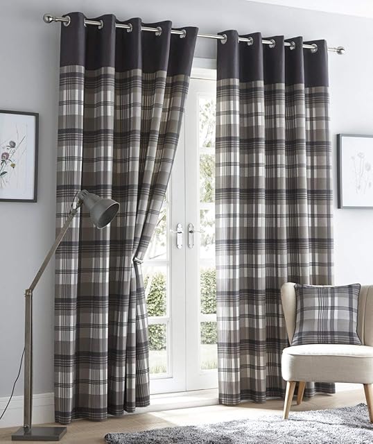 Portfolio Curtains Portfolio Orleans Check Striped Fully Lined Eyelet Ring Top Curtains-Charcoal Grey 46" Wide x 54" Drop, Polyester and Cotton, 46 x 54 in