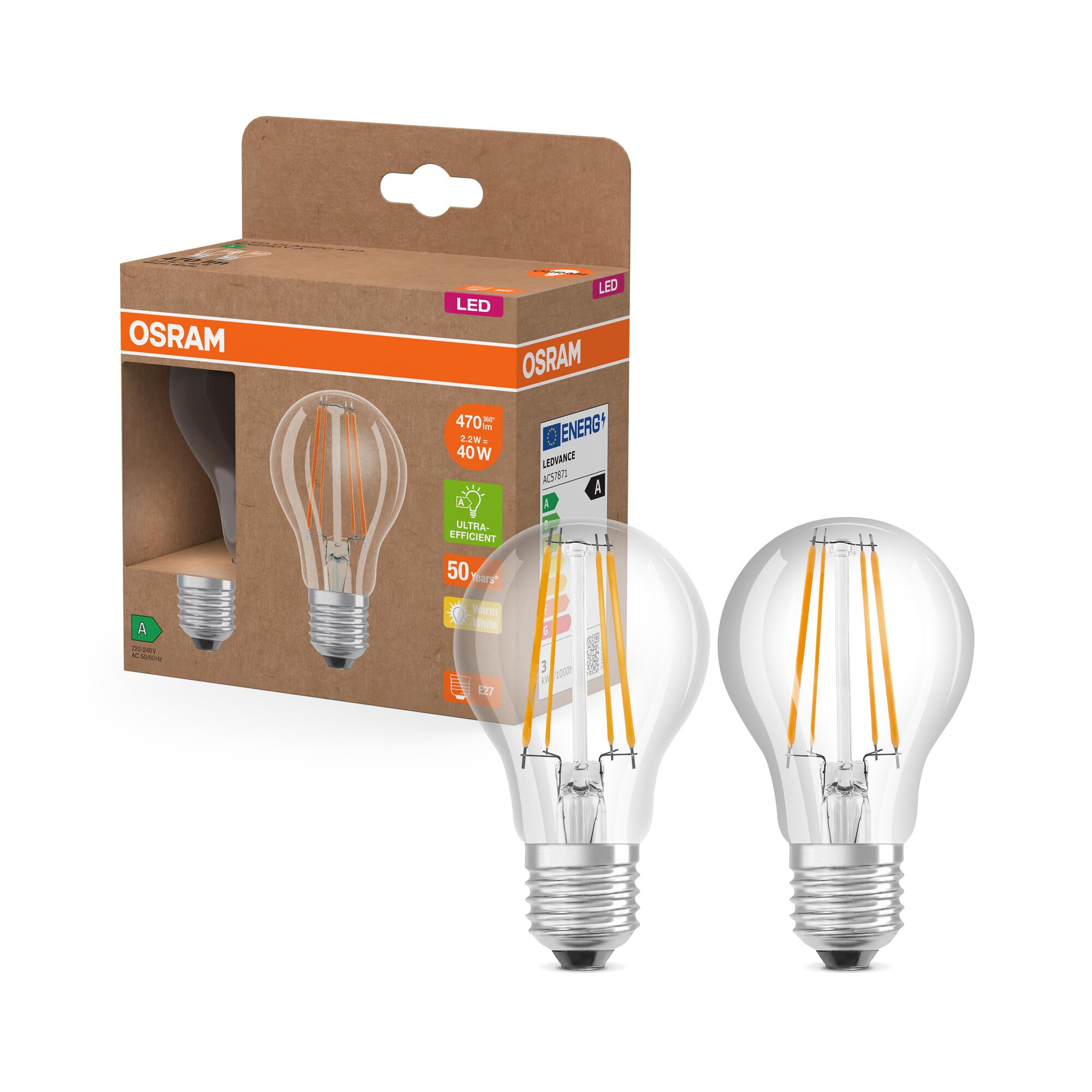 Osram LED Superstar Classic LED-Lampe A 40 in klassischer Kolbenform, klarer Glaskörper, 2.2 W, 470 lm, E27 Fassung, warmweißes Licht mit 2700 K, EEK A, 60 mm Durchmesser, 2er-Pac