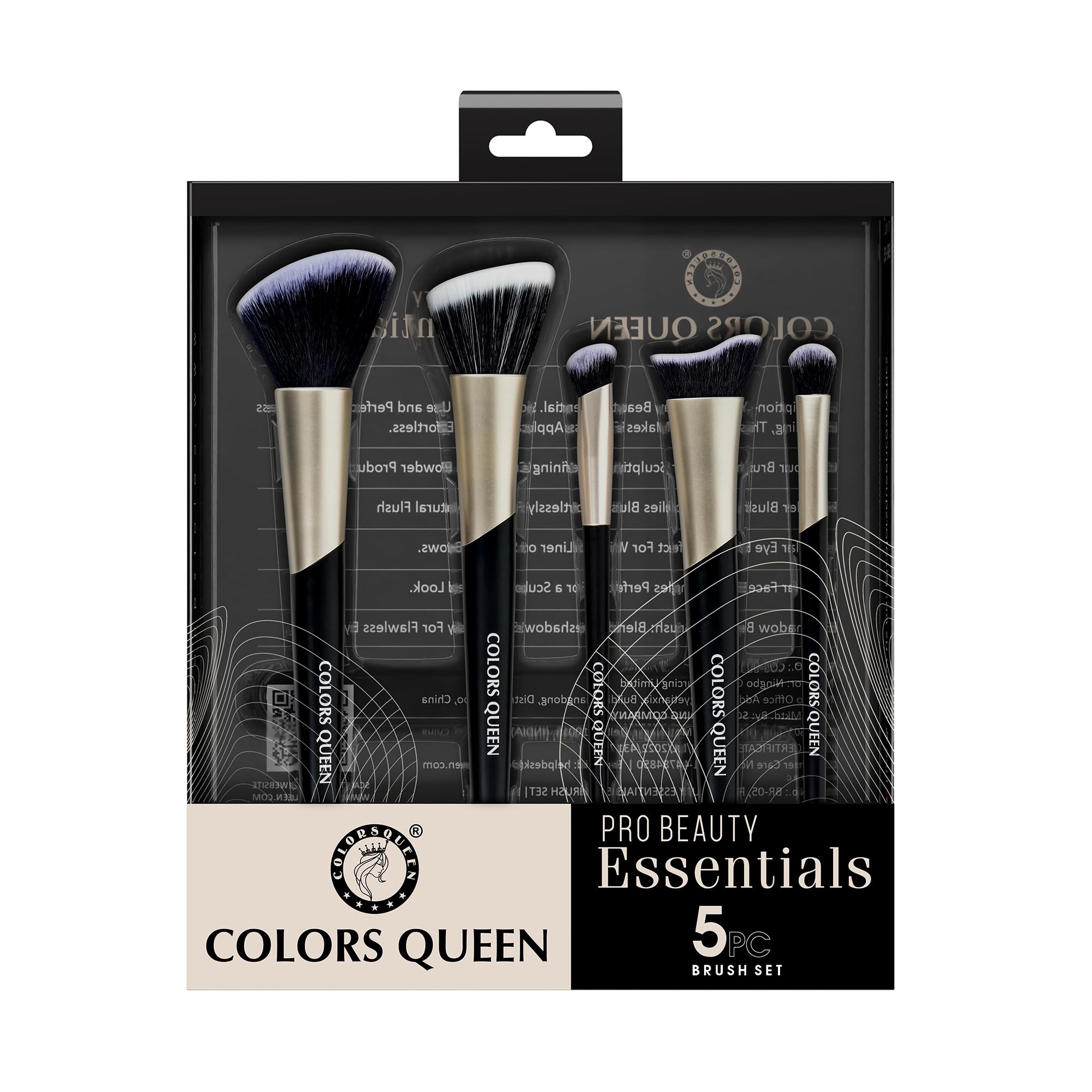 Colors Queen Pro Beauty Face & Eye Makeup Brush Set of 5 | Easy to Hold & Precise Application | Lightweight & Durable Makeup Brush for Cream, Liquid & Powder Formulation (Black & Gold, Pack of 5)
