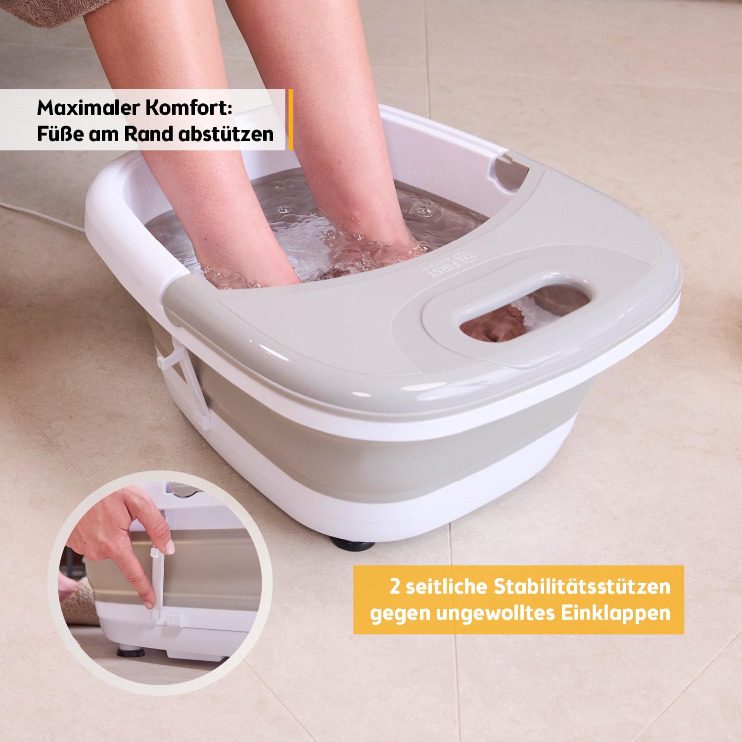 TZS First Austria - Fußsprudelbad 500W - Fußmassagegerät mit 3 Aufsätzen & 8 Massagerollen - Vibrations- & Luftblasenmassage, Infrarot- & Heizfunktion - Klappbar bis Größe 47 - Grau