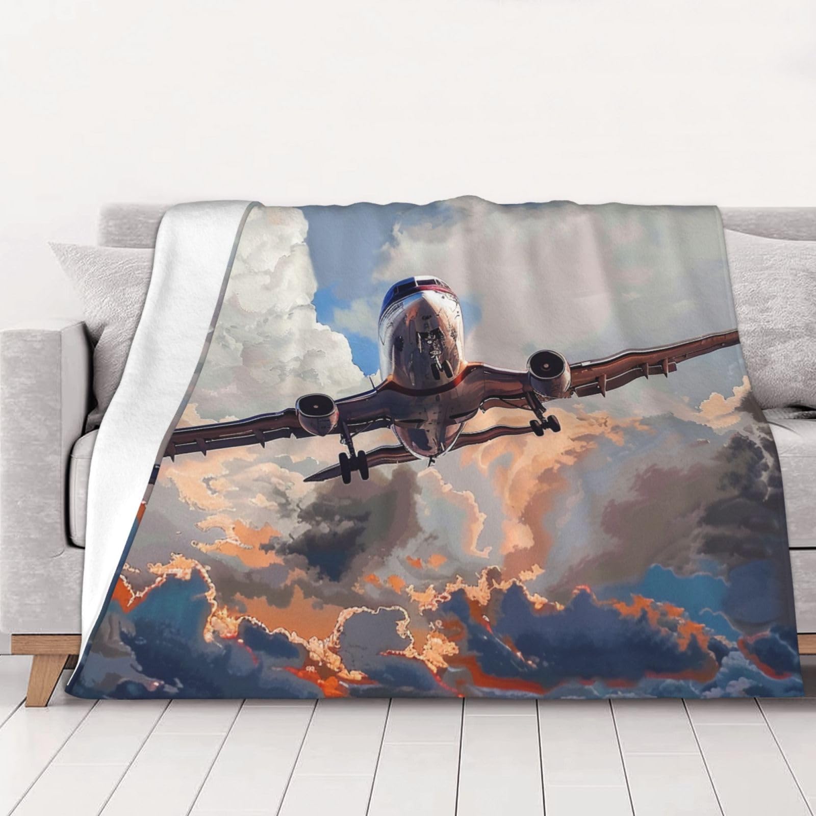 AUBKFELD Airplane Art Printed Flannel Blanket 125x100 CM, Soft & Warm Throw Blanket for Sofa/Couch/Bed/Car, Gifts for Audlts Women Men