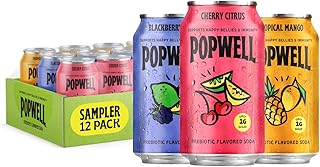 Popwell Variety Pack Better-For-You Prebiotic Soda, with 6g Fiber, 1g Sugar, Vitamins and Immunity Support, 12 fl oz, 12 count (Blackberry Lime, Cherry Citrus, Tropical Mango)