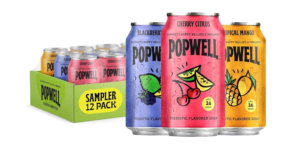 Popwell Variety Pack Better-For-You Prebiotic Soda, with 6g Fiber, 1g Sugar, Vitamins and Immunity Support, 12 fl oz, 12 count (Blackberry Lime, Cherry Citrus, Tropical Mango) - Variety Pack - Non-Caffeinated - 12 Fl Oz (Pack of 12)