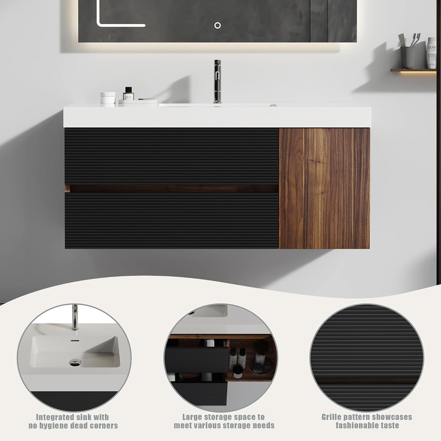 Grace 48 Inch Walnut Floating Bathroom Vanity with Sink Wall Mounted Large Storage Modern Design One Piece Matt White Quartz Sink Minimalist
