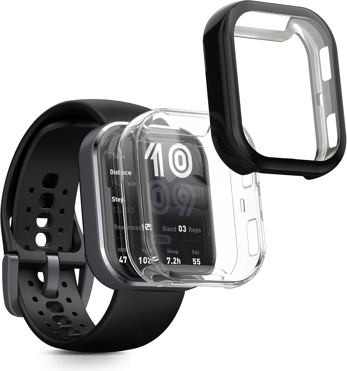 kwmobile Case Compatible with Amazfit Bip 6 Case - 2X TPU Silicone Fitness Tracker Cover - Black/Transparent