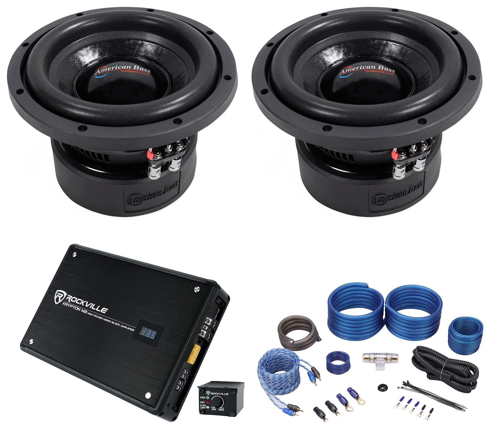 American Bass (2) XD-844 8" 600w Car Subwoofers Subs+Mono Amplifier+Amp Kit