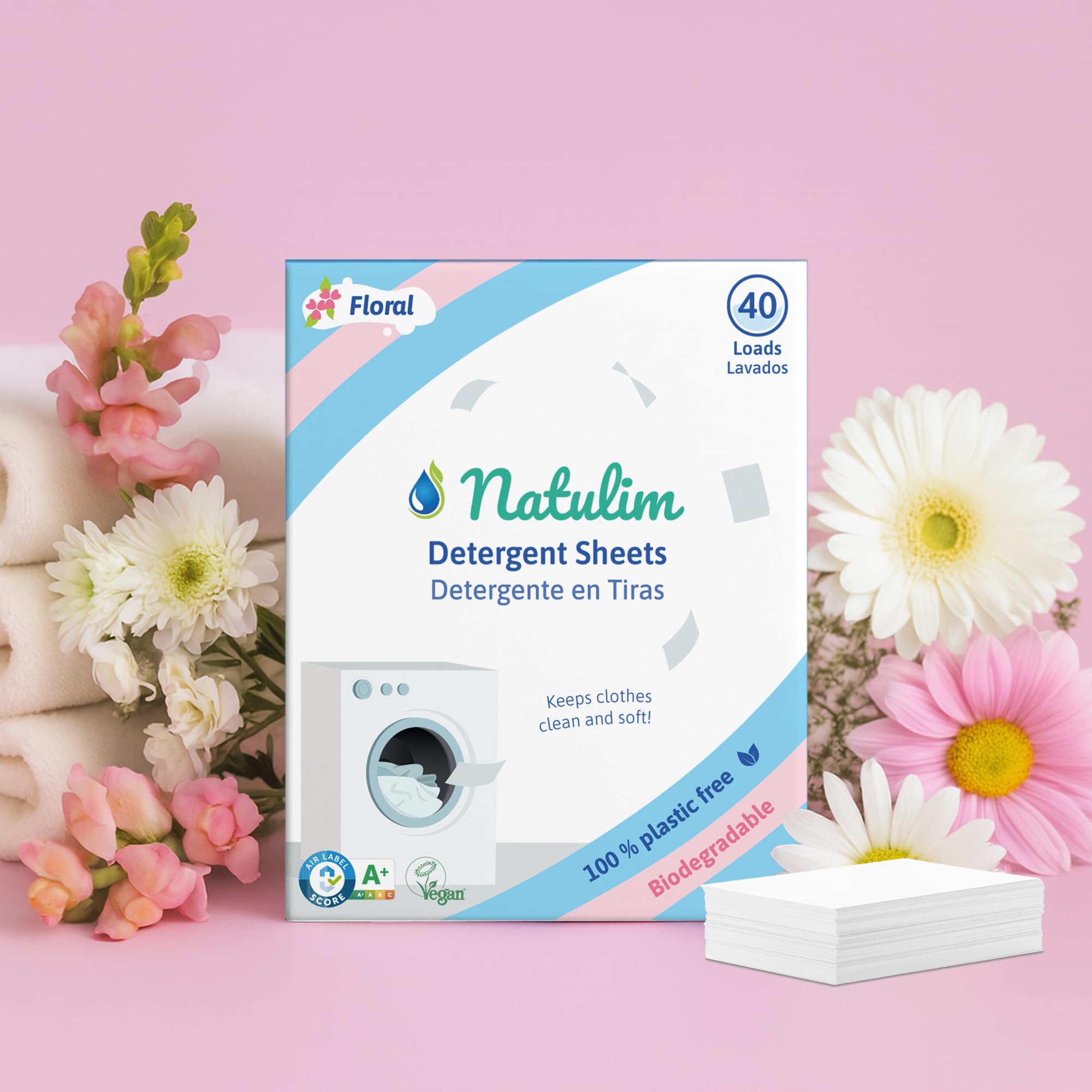 Natulim - Detergent w taśmach do pralek (40 pralek) - Zawiera efekt zmiękczający, ekologiczny, przyjazny alergikom - Czysta i miękka odzież bez brudzenia planety (kwiatowy zapach)