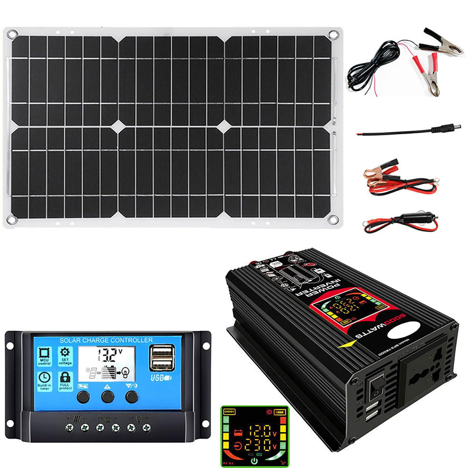 Kit pannello solare off-grid da 6000 W con pannello impermeabile da 18 W e controller da 30 A(Black)