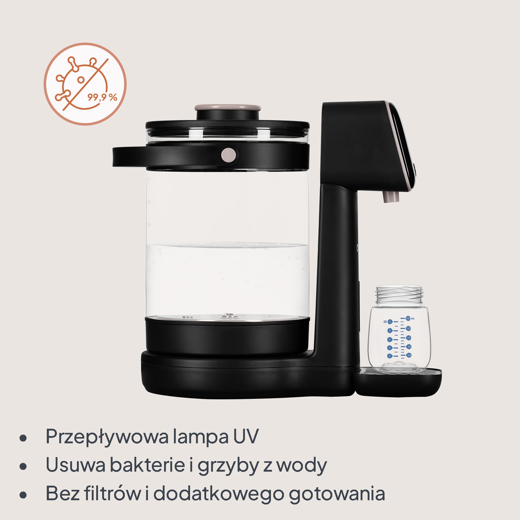 Lionelo Babypresto 2.0 urządzenie do przygotowywania butelek dla niemowląt i ogrzewacz do butelek dla niemowląt o temperaturze 40-100°C, higiena UV, dechlorowanie, dozowanie 30-300 ml, szklany