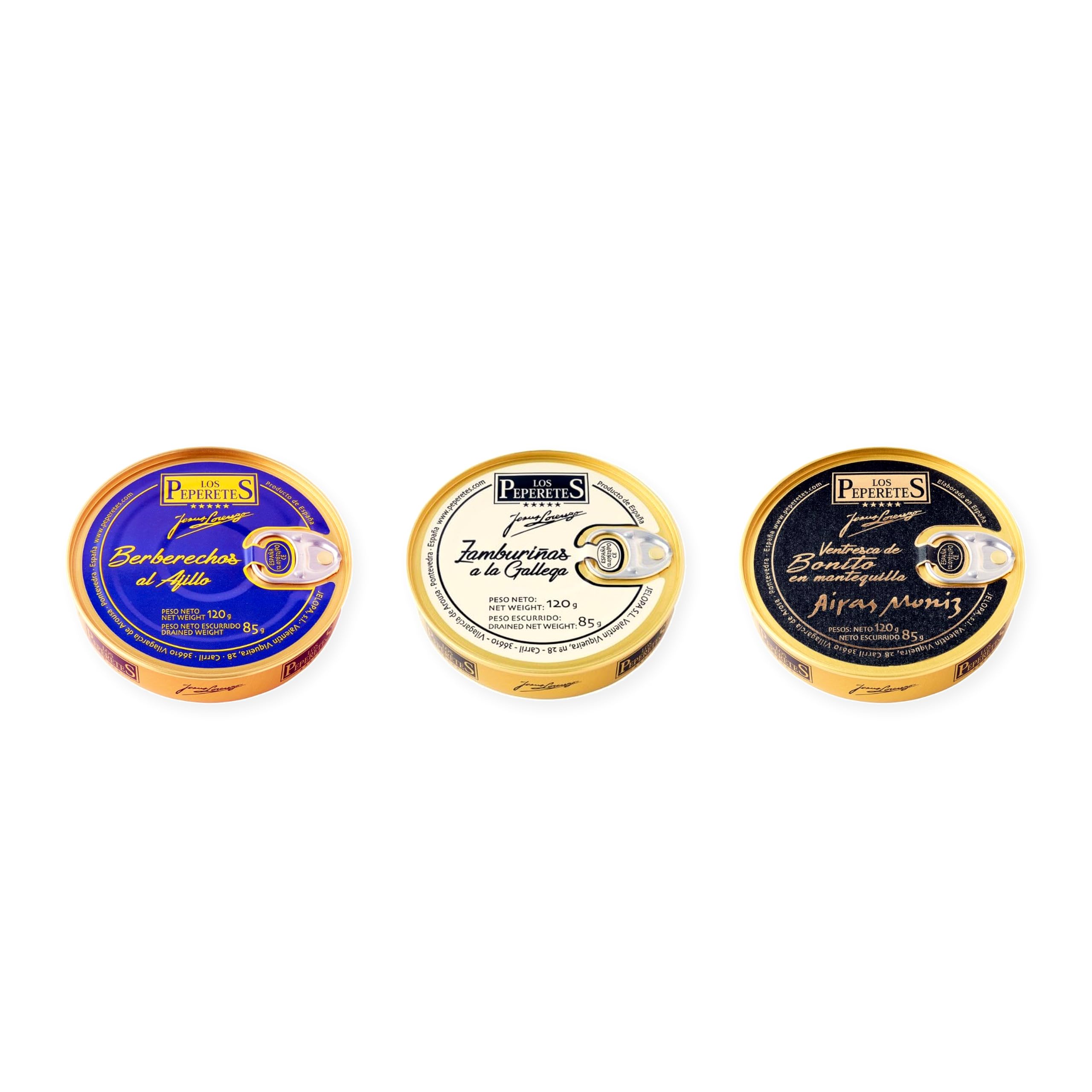 los peperetes conservas Berberechos Ajillo, Zamburiñas Gallega y Ventresca Bonito Mantequilla pack 3 latas