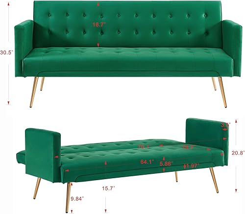 Miniatura 2 de Moderno sofá cama futón de terciopelo, sofá cama convertible con patas de metal, respaldo ajustable tapizado, asiento reclinable copetudo para