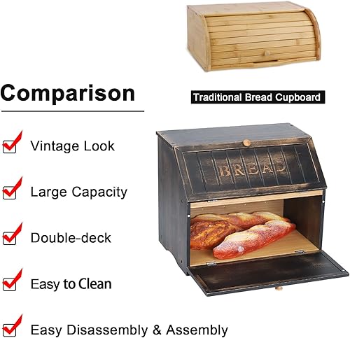 Miniatura 3 de HOMEKOKO Panera grande de doble capa para encimera de cocina, diseño retro de madera de gran capacidad para almacenamiento de pan (negro vintage)