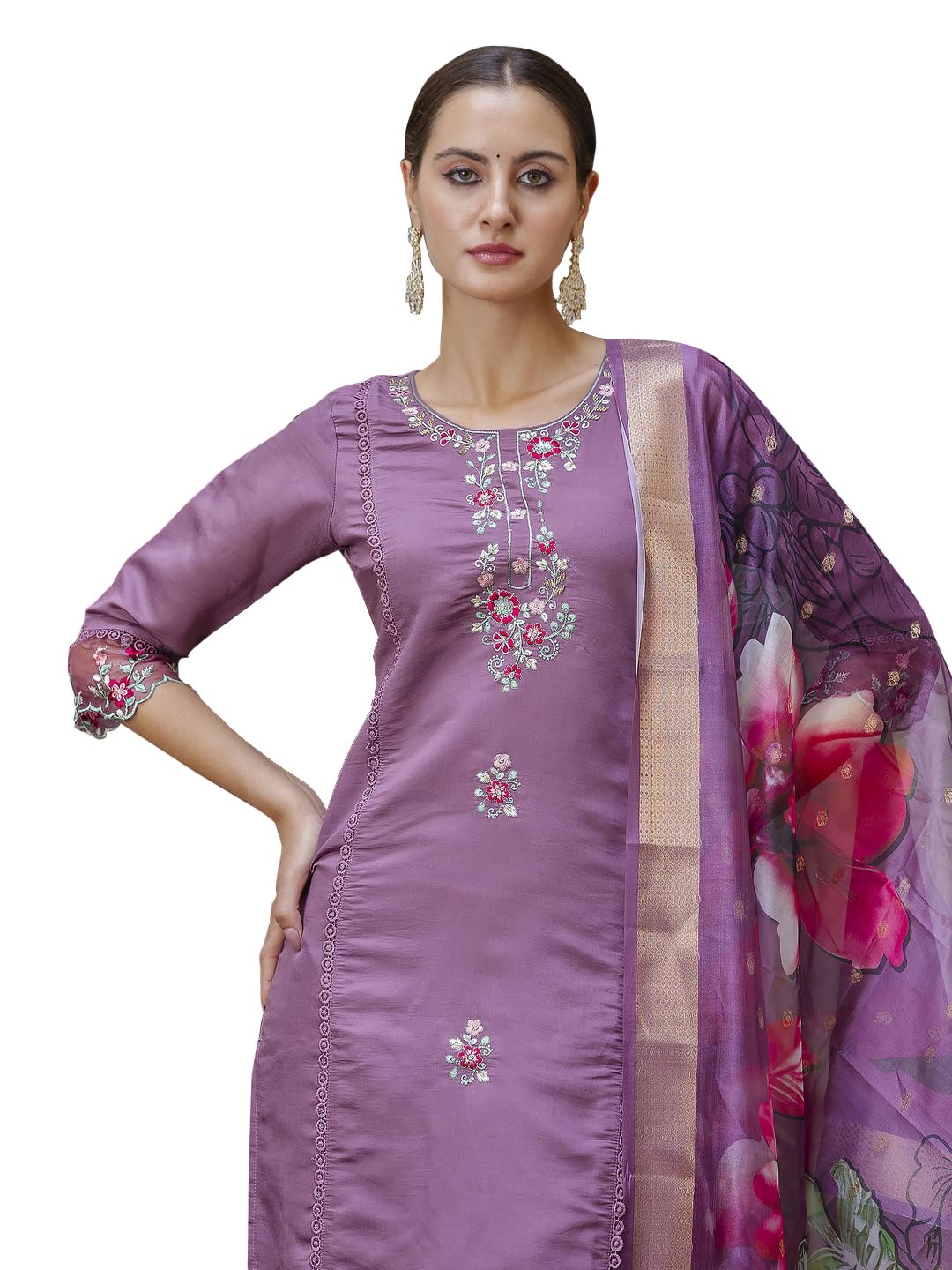 VredeVogel Kurta Set with Dupatta | Viscose Roman Silk Embroidered Kurta Set for Women | Women’s Ethnic Casual Kurti Set |Kurta Pant Festive Suit