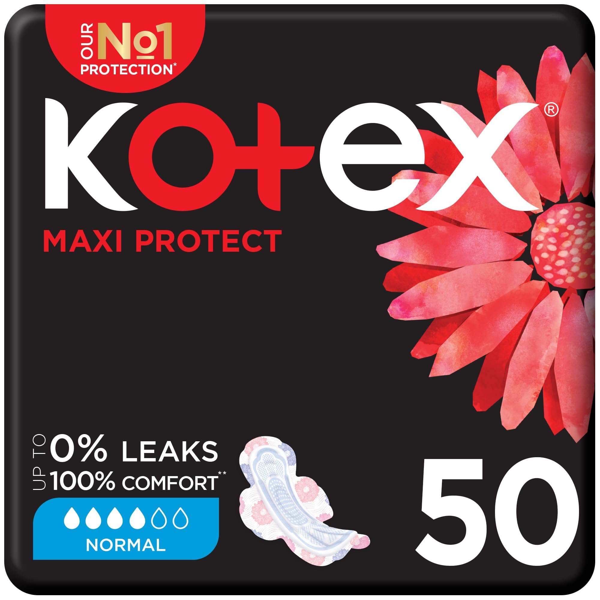 Kotex Maxi Slim Normal Pads with Wings, 50 Count Value Pack – Thin Yet Absorbent Day Sanitary Pads with Cottony-Soft Cover & Secure Wings, Economical Monthly Supply